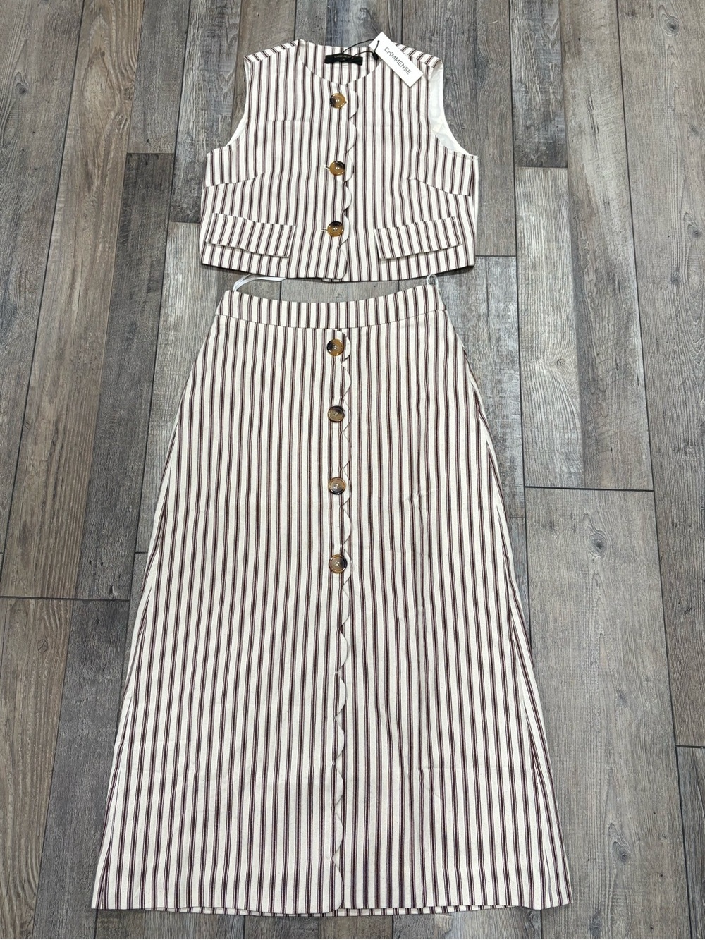 NWT! Commense Cream and Brown Vertical-Stripe Maxi Skirt with Front Buttons - Picture 6 of 11